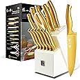 ZHANG XIAO QUAN SINCE 1628 15Pcs Knife Sets with Block, 50Cr15MoV Stainless Steel kitchen knife set with Built-in Sharpener Dishwasher Safe(Golden)