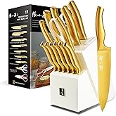 ZHANG XIAO QUAN Gold Knife Set with White Block, High Carbon Stainless Steel Knife Set, Razor-Sharp and Durable, Hundreds of Years of Masterful(15Pcs)