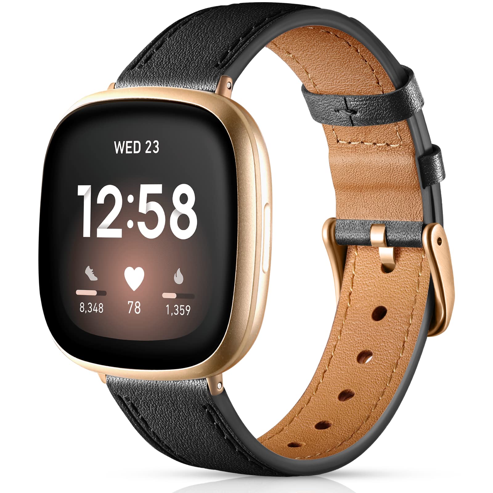 Maledan Leather Band Compatible with Fitbit Versa 3/Fitbit Sense Bands Women Men, Soft Top Grain Genuine Replacement Wristbands Strap Accessories for Fitbit Sense/Sense 2/Versa 3/Versa 4 Watch, Black