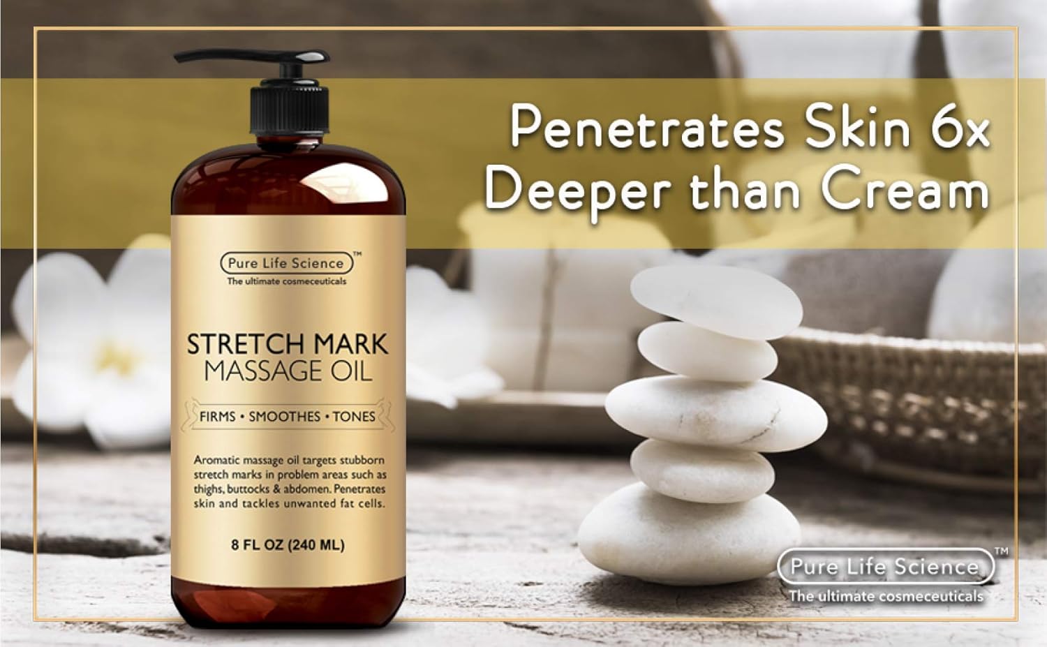 Pure Life Science Stretch Mark Oil - All Natural Ingredients - Stretch Mark & Scar Therapy For Pregnancy & Uneven Skin Tone, Penetrates 6X Deeper Than Stretch Mark Cream, Non-Greasy Formula - 8 OZ: Health & Personal Care