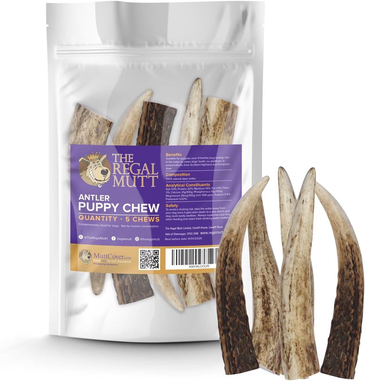 The Regal Mutt - Antler Puppy Chews - Bag of 5 - Suitable for Puppies & Smaller Dogs