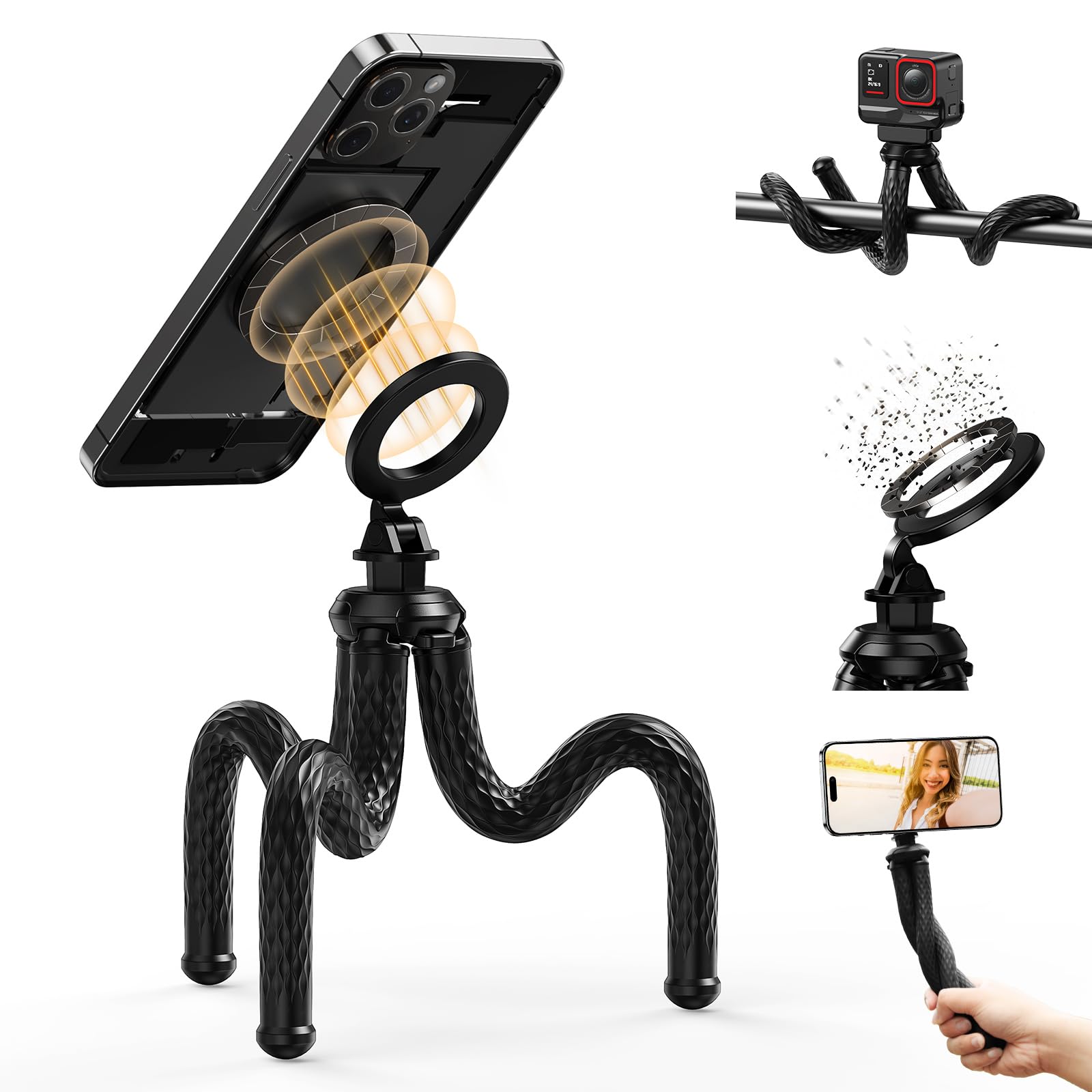 TELESIN Magnetic Flexible Phone Tripod, Portable & Flexible MINI Phone Tripod Stand, w/ 1/4" Thread for iPhone/Android/GoPro/DJI/insta360 etc, 360° Rotating Handheld Holder Selfie Stick for Vlog&Video