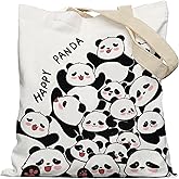 YeiHe Cute Panda Canvas Tote Bag, Panda Gifts for Women, Reusable Grocery Bags, White