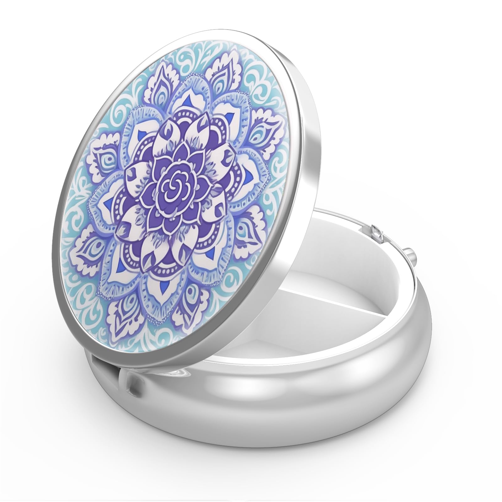 Pill Box 3 Compartment Small Pill Case,Portable for Pocket or Purse Pill Organizer Pill Container Holder to Hold Vitamins, Medication, Fish Oil and Supplements(Mandala Blue)