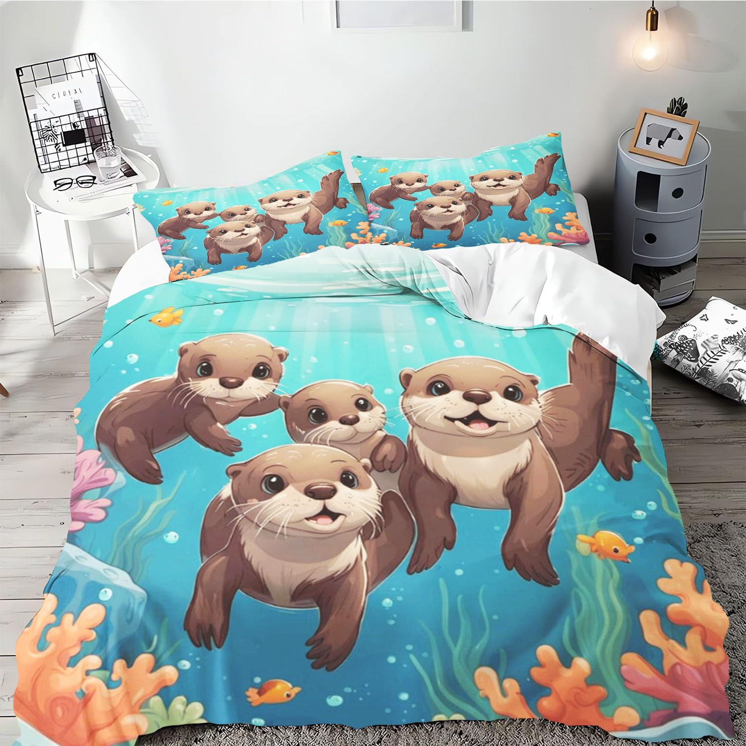 SMchwbc Otter Bed Linen 135 x 200 cm, Cute Otter Duvet Cover for Boys Girls, Otter Animal Bed Linen Set, 3D Print, Ottertier Bed Linen, 100% Microfibre, Animal Red Duvet Cover (220 x 240 cm, 10)