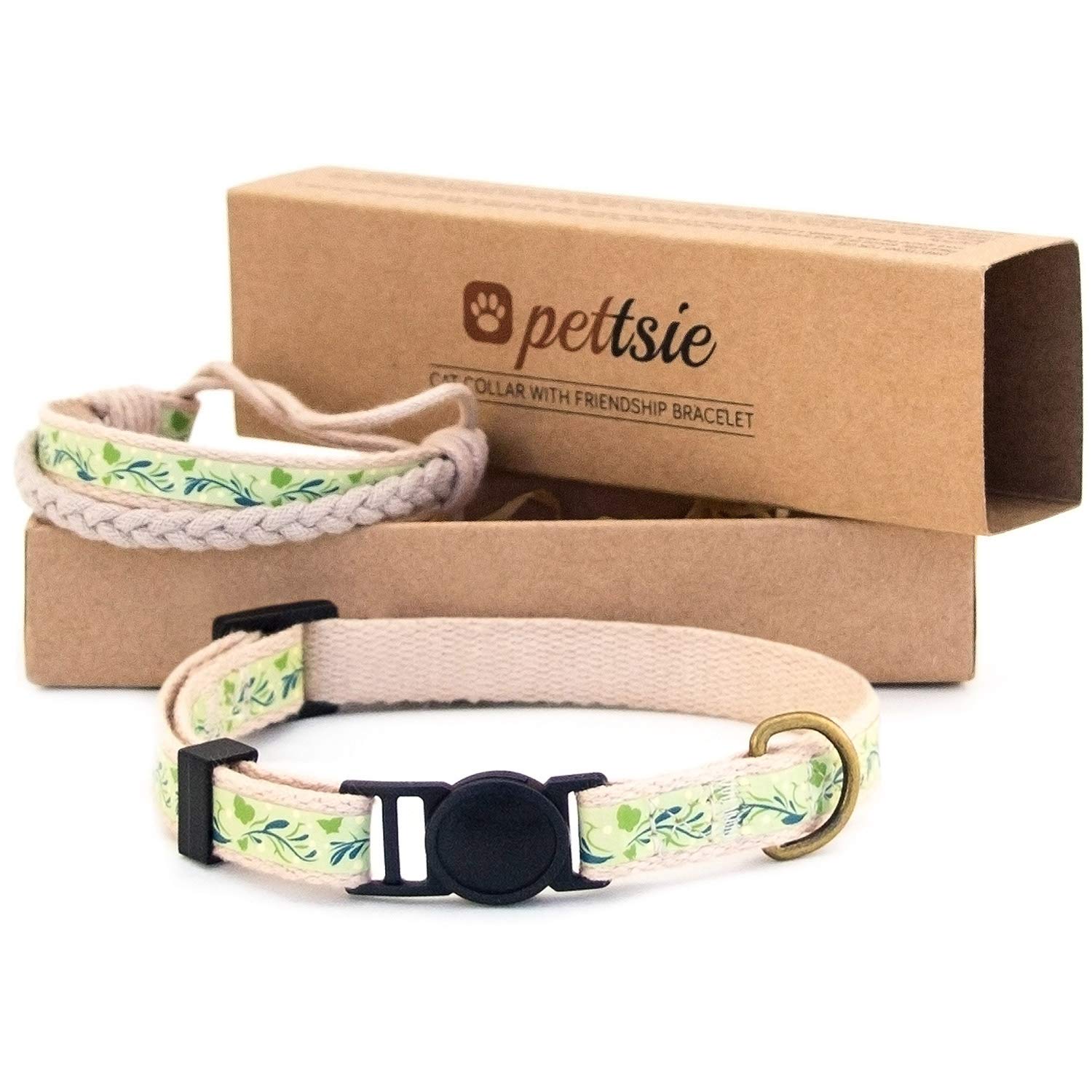 Pettsie Breakaway Kitten Collar & Matching Bracelet, Adjustable Safety Collar for Kittens, Soft Cotton, Lightweight, Stylish Design, Green