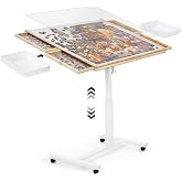 ropoda 1500 PCS Jigsaw Puzzle Table with Drawers and Single-Pedestal | 35"x 26.8" Angle &amp; Height Adjustable Wooden Puzzle Board with 6 Drawers &amp;Cover&amp; 4 Roller Wheels