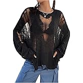 GORGLITTER Women's Gothic Distressed Sweater Hollow Out Ripped Long Sleeve Round Neck Oversized Pullover Sweaters