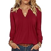 LOMON Womens Tops Dressy Casual Pleated Ruffle Long Sleeve Tunics Tops to Wear with Leggings V Neck Work Blouse