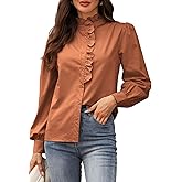 LOOKBOHO Women's Spring Shirts 2026 Long Sleeve Ruffle Collar Button Down Tops Dressy Casual Elegant Solid Retro Blouse