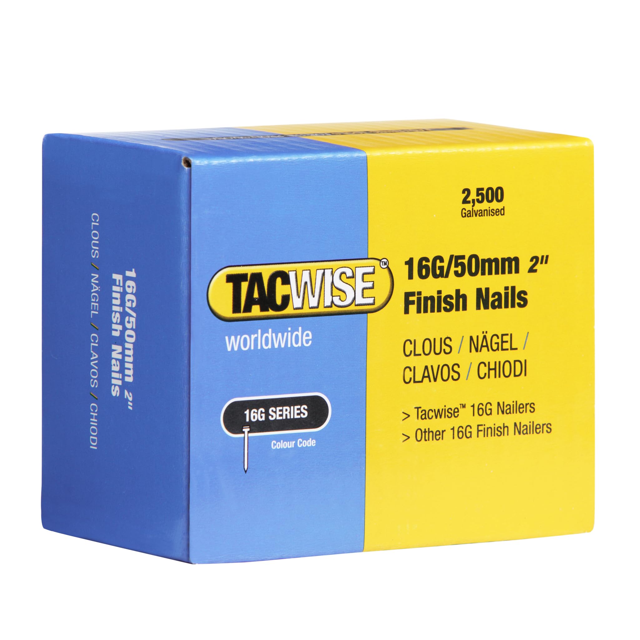 Tacwise 0298 Type 16G / 50 mm Galvanised Finish Nails, Pack of 2500, Silver