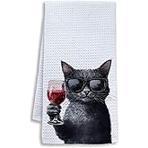 Shrago Funny Black Cat Wine Kitchen Towels, Black Cat Gifts Dish Tea Towels for Kitchen Bar Cart, Wine Lover Gifts for Women Men Decorative Hand Towel, 16x24 Inch