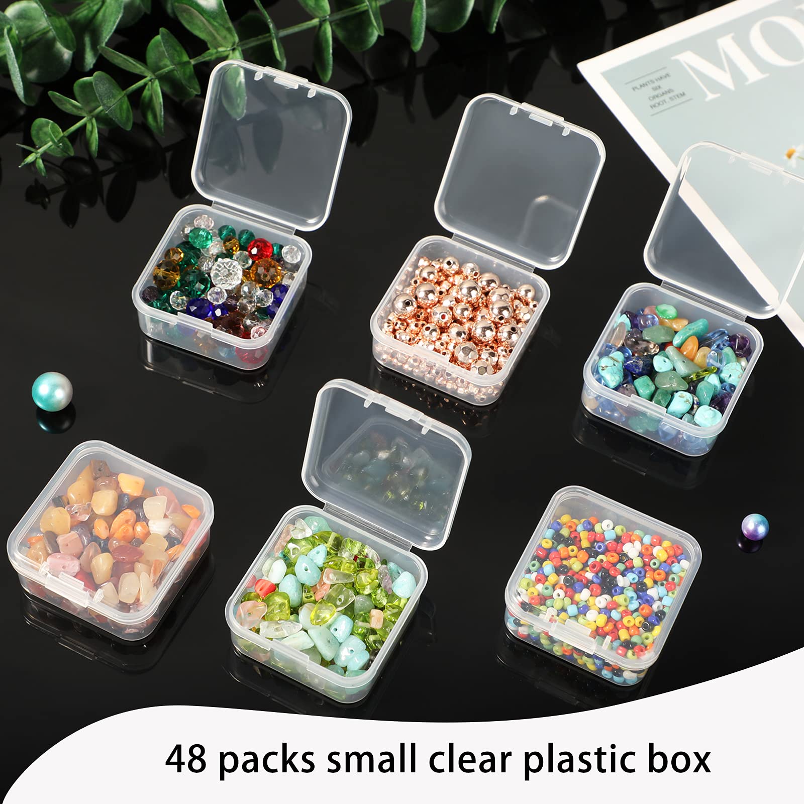 SATINIOR 48 Packs Clear Small Plastic Containers Transparent Storage Box with Hinged Lid for Items Crafts Jewelry (1.7 x 1.7 0.79 Inches)