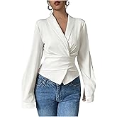 Floerns Women's Elegant Shawl Collar Shirts Long Sleeve Wrap Tie Back Work Blouse Tops