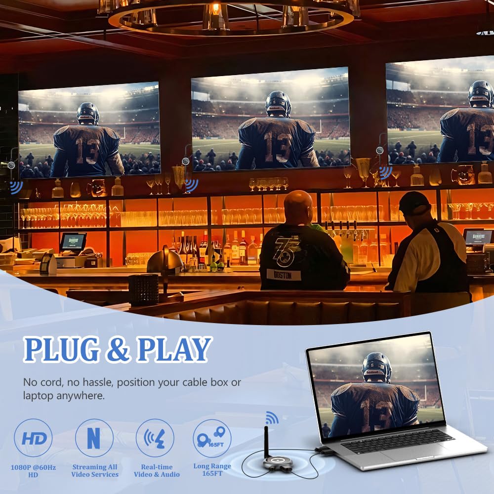 AIMIBO Wireless HDMI Transmitter and 2 Receivers, 5.8G, 60Hz, 165FT/50M, Support Multiple TVs, Touch Screen App Mirror, HDMI Wireless Extender for Laptop, Camera, TV Box to TV, Projector, Monitor