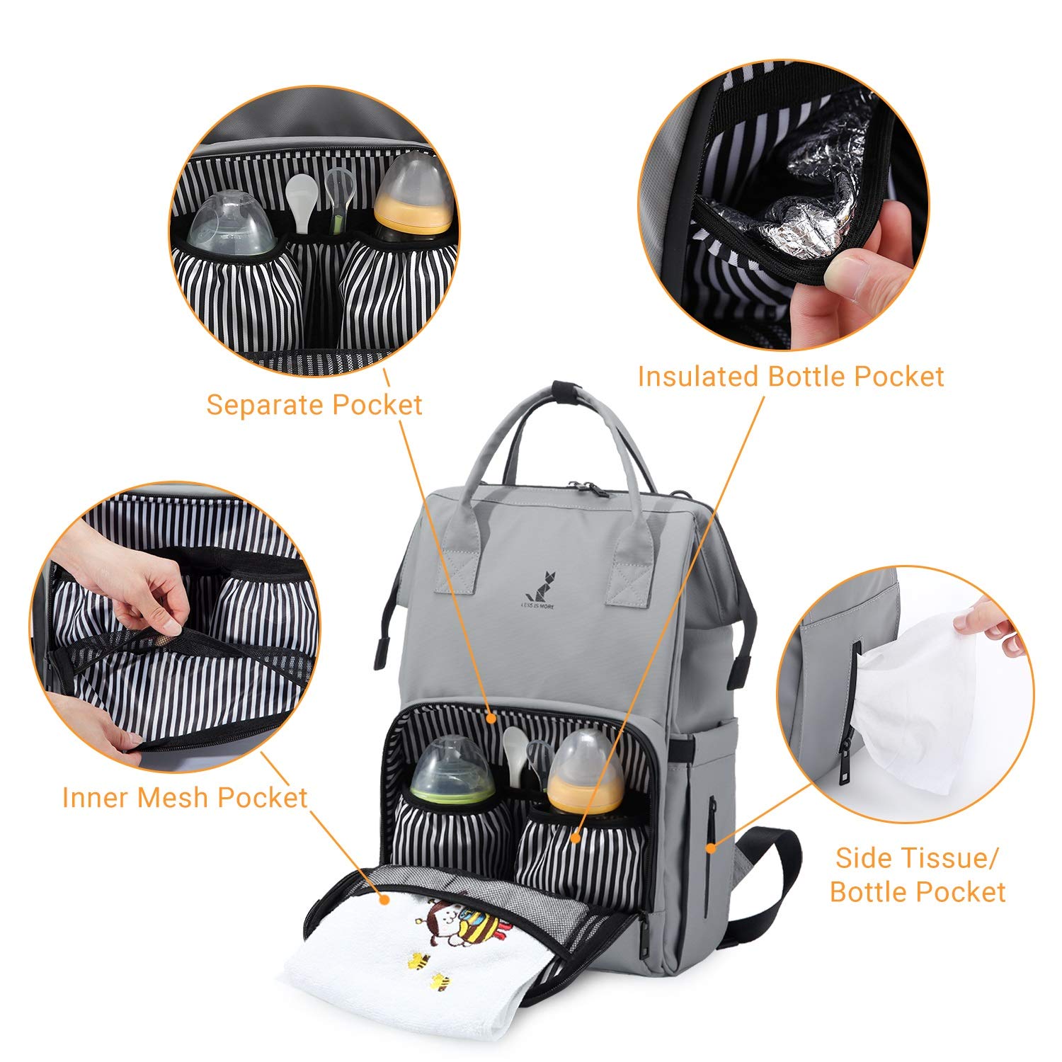 RUNKA Diaper Bag Backpack -Travel Bag Baby Backpack - Multifunction Nappy Changing Bag for Baby Essentials Gray