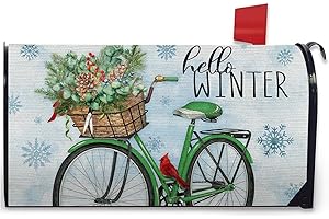 Fbcoo Hello Winter Bicycle Fabric Welcome Mailbox Cover Magnetic Standard 21" x 19", Bike Snowflake Decorative Post Letter Box Decoration Wrap Christmas Decor for Garden Yard