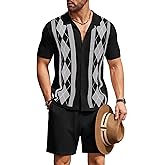 COOFANDY Men's 2 Piece Outfit Vintage Short Sleeve Button Down Knit Polo Shirts Casual Beach Shorts Sets