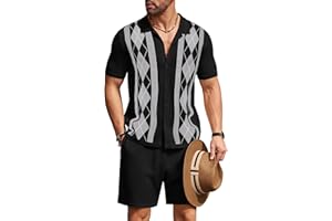 COOFANDY Men's 2 Piece Outfit Vintage Short Sleeve Button Down Knit Polo Shirts Casual Beach Shorts Sets