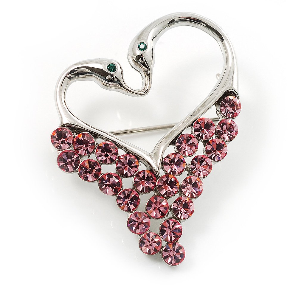 Swan Heart Crystal Brooch (Fuchsia)