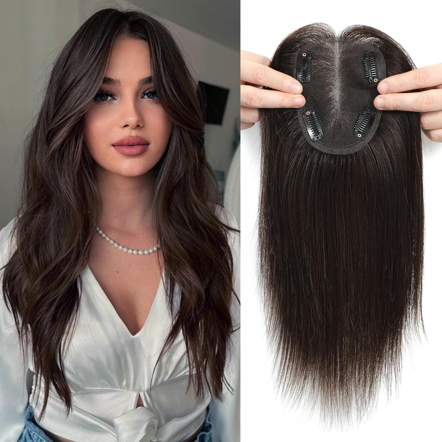 Hair Toppers for Women 40g No Bangs Top Human Hair Toppers Hair Pieces for Women Wiglets Upgrade Lace Base Hairpieces 12inch Dark Brown
