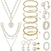 Tondiamo 17 Pcs Gold Pearl Rhinestone Jewelry Set for Women Gold Plated Pearl Layer Charm Necklace Bracelets Earrings Rings Trendy Jewelry Set for Women Valentine's Day Wedding Gifts