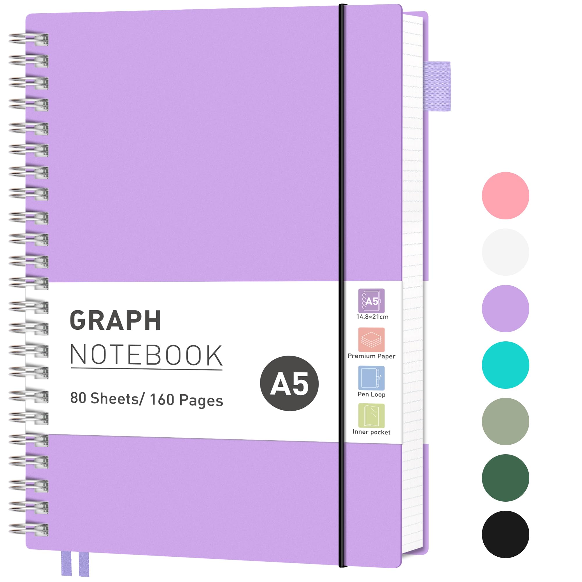 RETTACY Graph Grid Paper Notebook, 160 Pages, A5 Size (14.5 x 21 cm), 5mm per Square, 100 GSM Thick Paper, Flexible Plastic Cover, Spiral-bound, for School, Students, Math, Engineering (Lilac)
