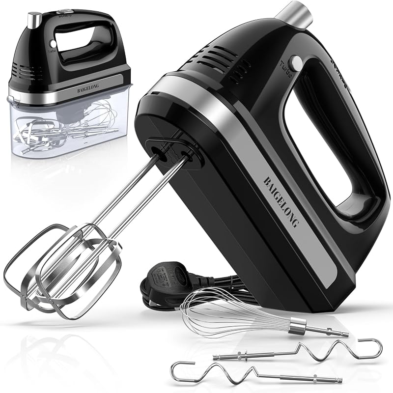 BAIGELONG 300W Hand Mixer, 5 Speeds + Turbo, 5 Attachments, Black