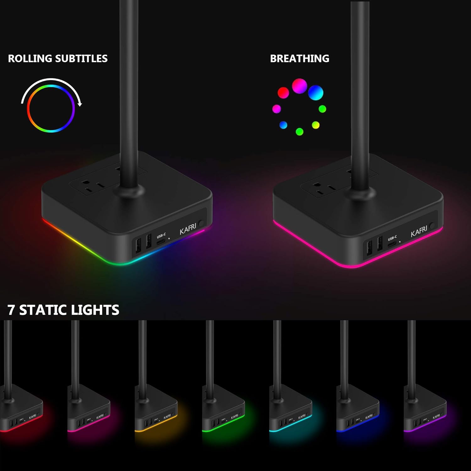KAFRI RGB Headphone Stand with USB Charger Desk Gaming Headset Holder Hanger Rack with 3 USB Charging Port and 2 Outlet - Suitable for Gamer Desktop Table Game Earphone Accessories Boyfriend Gift: Electronics
