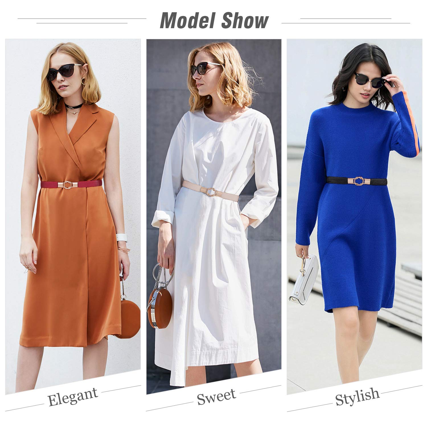 Fashion Womens Waist Belt Skinny for Dress,Ladies Gold Buckle Elastic Retro Belt Plus Size for Jeans,Waistband Skinny Thin Belt,Stylish Stretch Thin Waist Belt,Black+Red+Beige,Suit Waist Size 34\