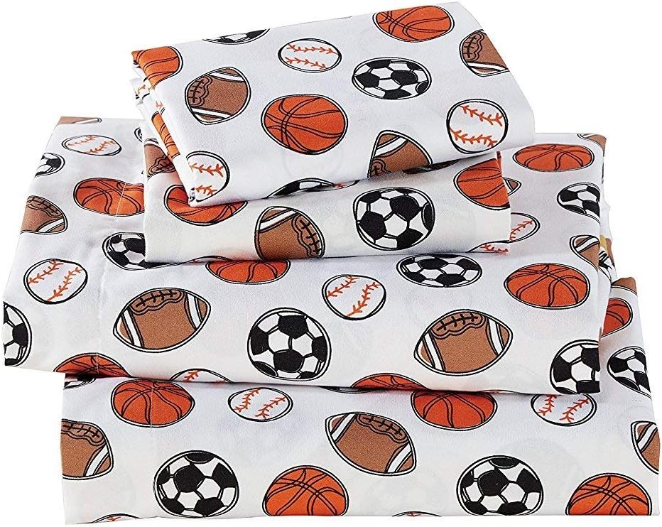 Kids Zone 4 Piece Full Size Sheet Set Sports Baseball Football Basketball Soccer Ball White Black Brown Orange for Boys/Teens New