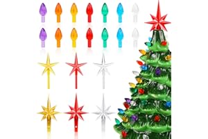 ZATOZKAR Ceramic Christmas Tree Replacement Lights Bulbs, 120 PCS Flame Shape Light up Medium Twist, 6 PCS Stars, Halloween Ornaments for Ceramic Tree, Assorted Colors, (Ceramic Christmas Tree not Included)