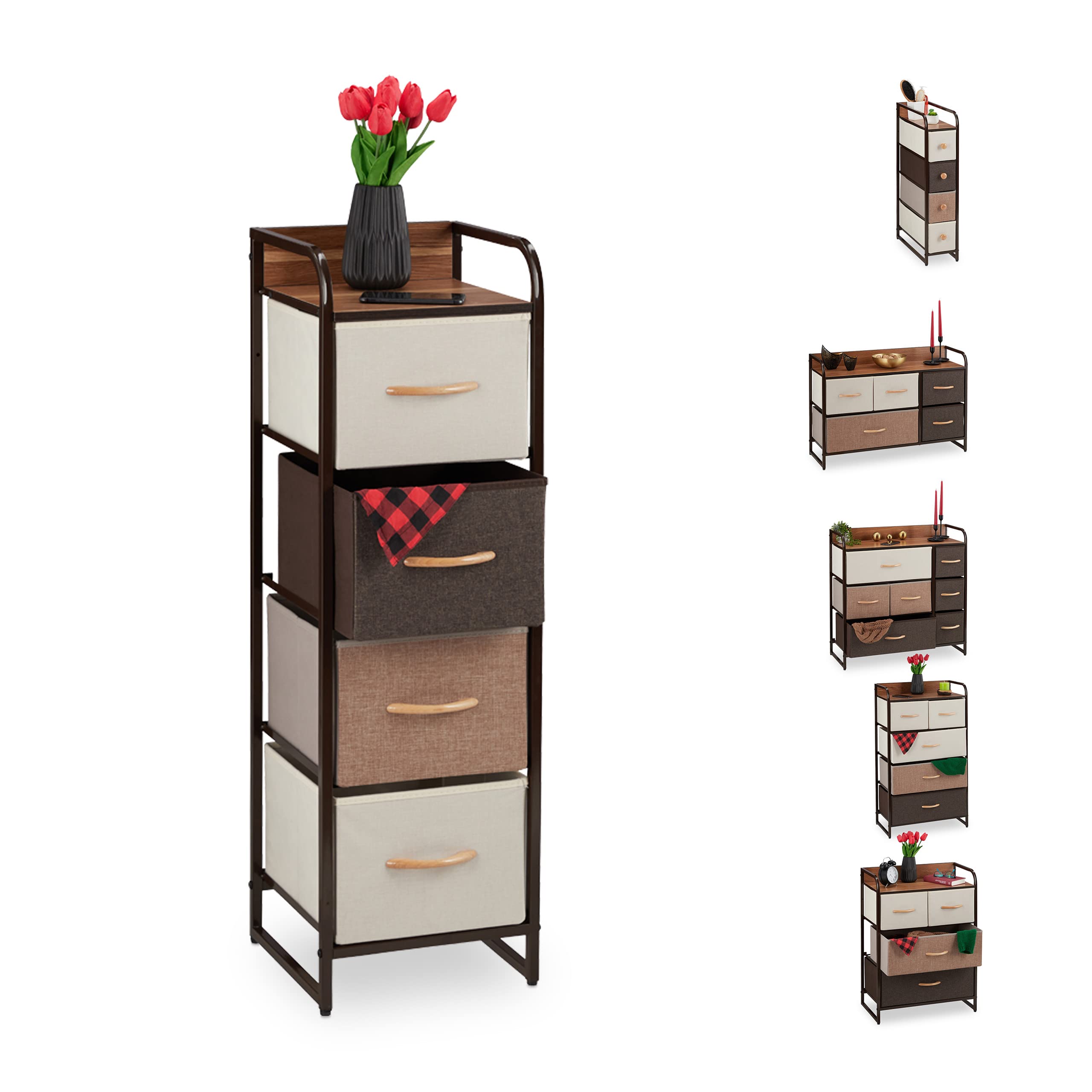 Relaxdays Dresser, 4 Drawer Compartments, with Shelf, 4 Folding Baskets, Fabric, Steel Frame, 99.5x31x31.5 cm, Brown