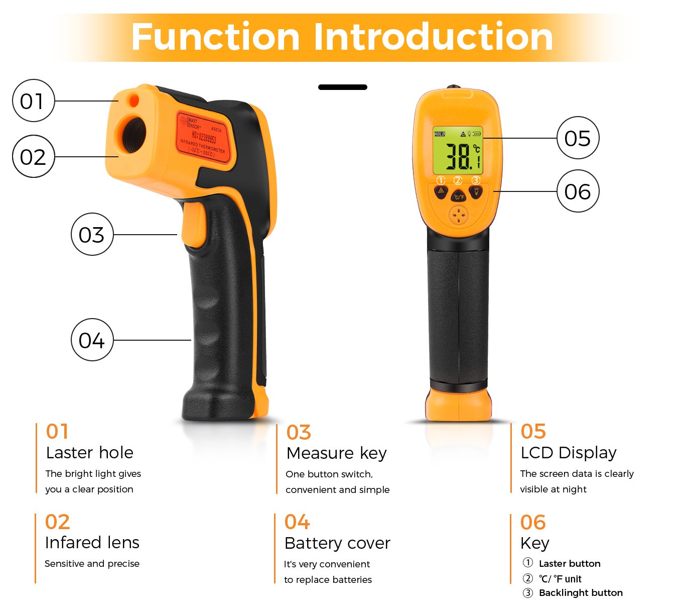 Infrared Thermometer, Digital IR Laser Thermometer Temperature Gun -26°F~1022°F (-32°C～550°C) Temperature Probe For Cooking/Air/Refrigerator - Meat Thermometer Included