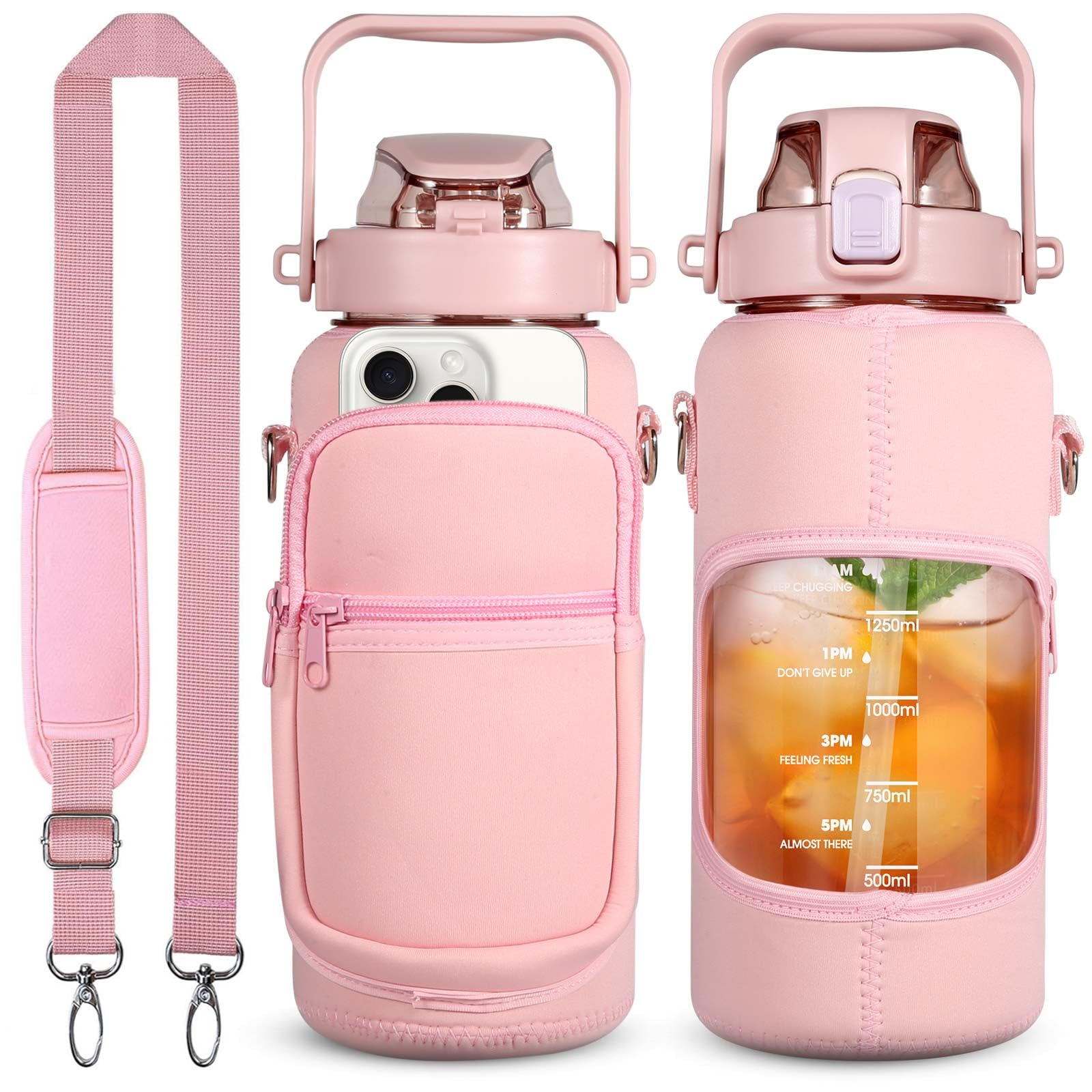 Dolenor 2 Litre Water Bottle with Straw & Sleeve, 64oz Leak-Proof BPA Free Sports Bottle with Time Marker & Strap, Motivational Gym Water Bottle for Fitness, Hiking, Travel,Pink