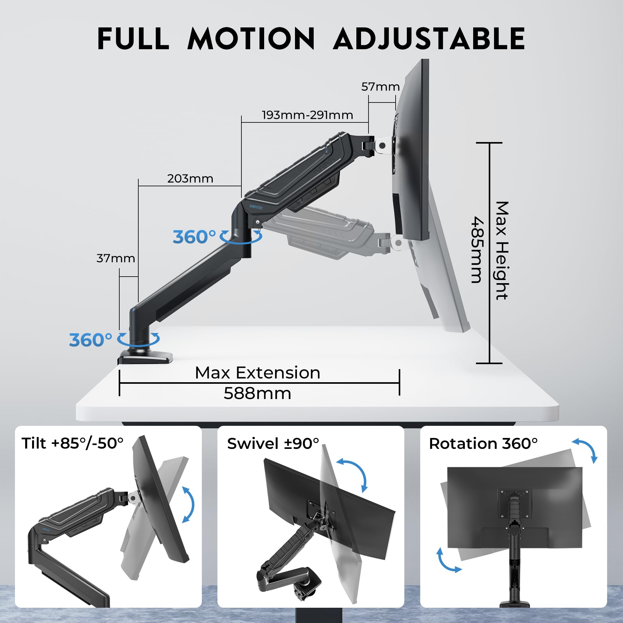 BONTEC Monitor Halterung mit Gasfeder für 15-34 Zoll bis 10,5kg, Höhenverstellbar & 360° Schwenkbar, Neigbar, Drehbar, VESA 75/100, mit Kabelmanagement für Home Office und Gaming 5