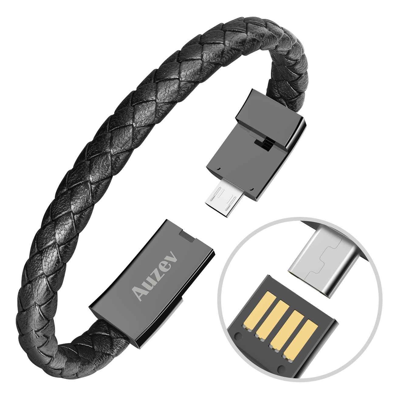 Micro USB Cable Durable Leather Bracelet Charging Data Cable Braided Wristband Wrist Cuff USB Data Charger Cord for Android (Black, M（7.2\