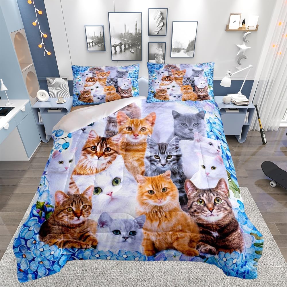 Kids Cute Cat Cartoon Pet Cats Duvet Insert for Children Boys Girls Cute Kitten Print Duvet Cat Lover's Animal Themed Design Quilt Set Single Size