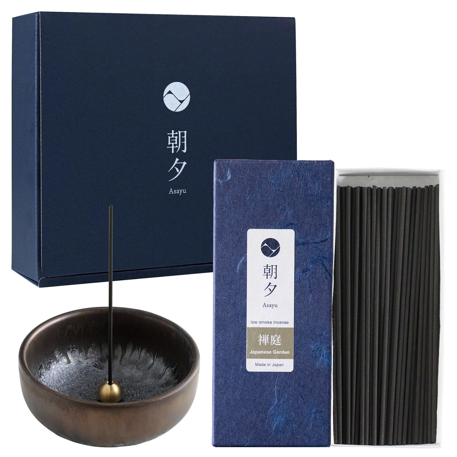 Asayu Japan Incense Gift Set with Low Smoke Incense and Ceramic Incense Holder with Brass Stand - Japanese Zen Garden Sticks + Traditional Zen Holder