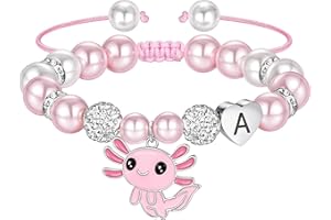 Ritach Axolotl Gifts for Girls Kids - Cute Axolotl Heart Initial Bracelet CZ Rhinestone Beads and Pink White Pearl Bracelets for Girls Teen Kids Birthday Christmas Gifts Stocking Stuffers
