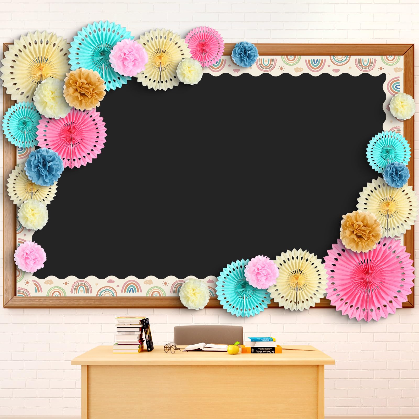 Photo 1 of Supervitae 48 Pcs Pastel Rainbow Bulletin Board Borders Decorations 3D Flowers Classroom Bulletin Board Decor with Paper Fans Tissue Paper Flowers for School Classroom Blackboard Home Wall Decorations