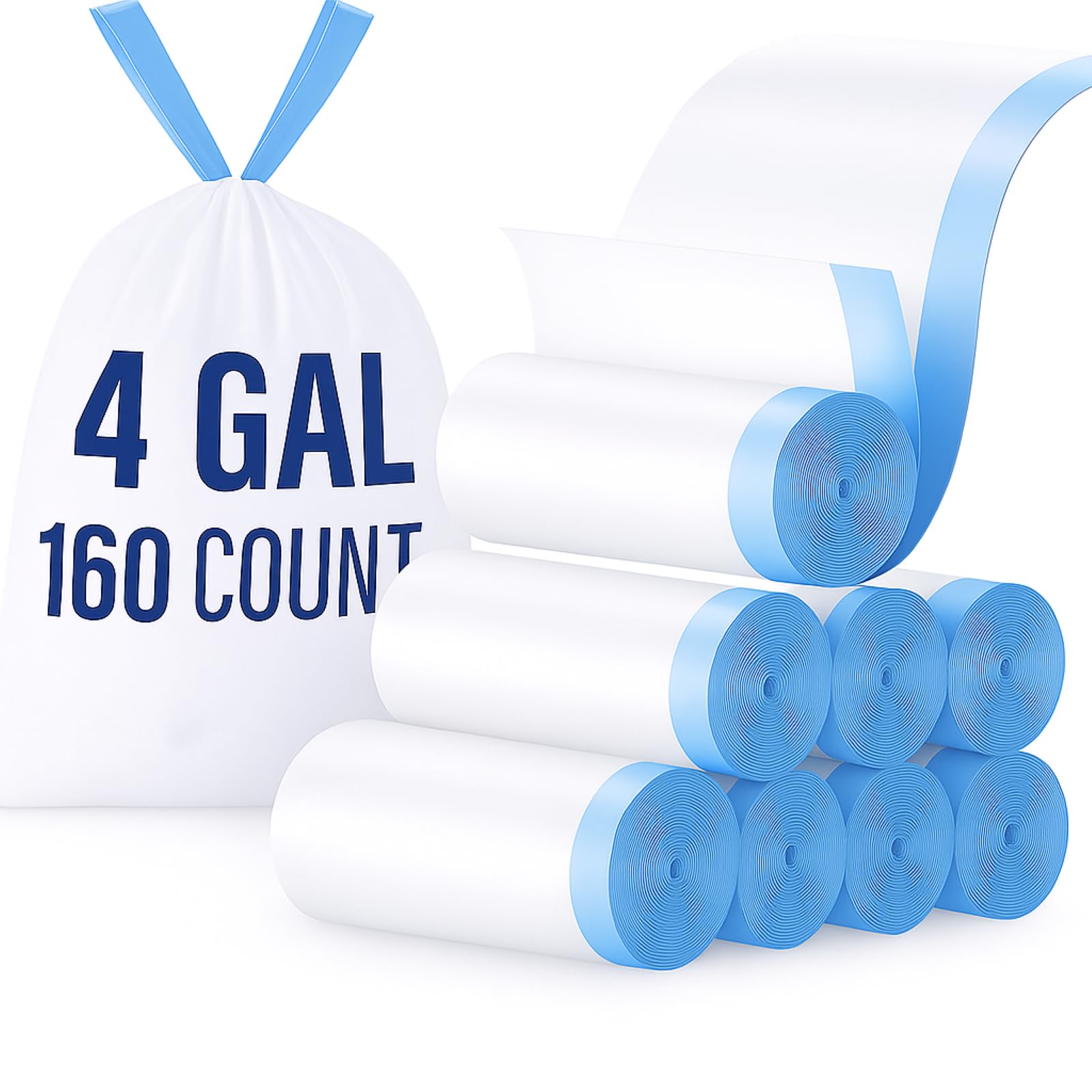 Photo 1 of 4 Gallon Small Trash Bags, Drawstring 4 Gallon Garbage Bags, Tear-Free Separated Unscented White Small Trash Bags Plastic Wastebasket Liners for Bathroom Toilet Home Office and Bedroom, 160 Count