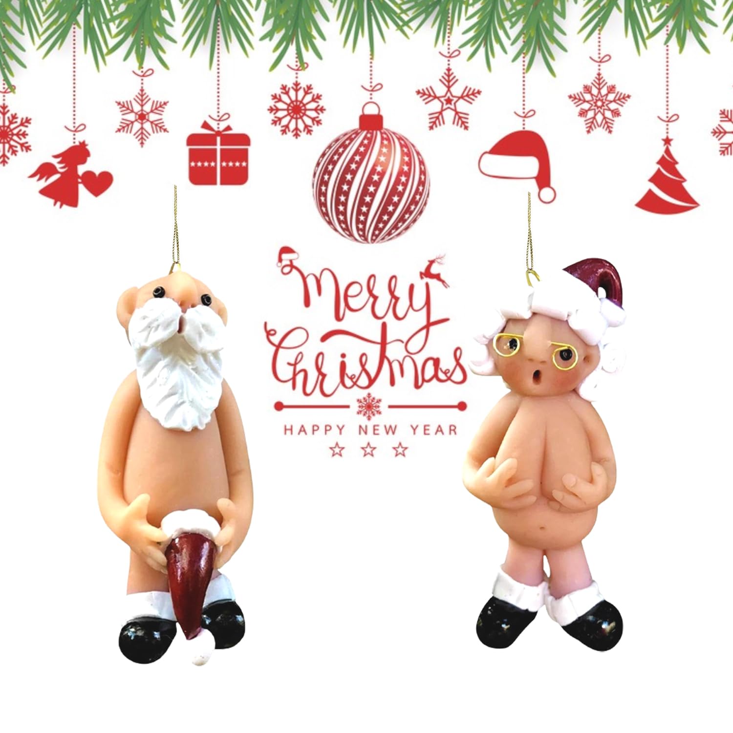 LGUZAKO 5CM Christmas Decorations, 2 PCS Naughty Santa Ornament Christmas Tree Hanging Ornaments Naked Santa Funny Xmas Party Decor Secret Santa Gift