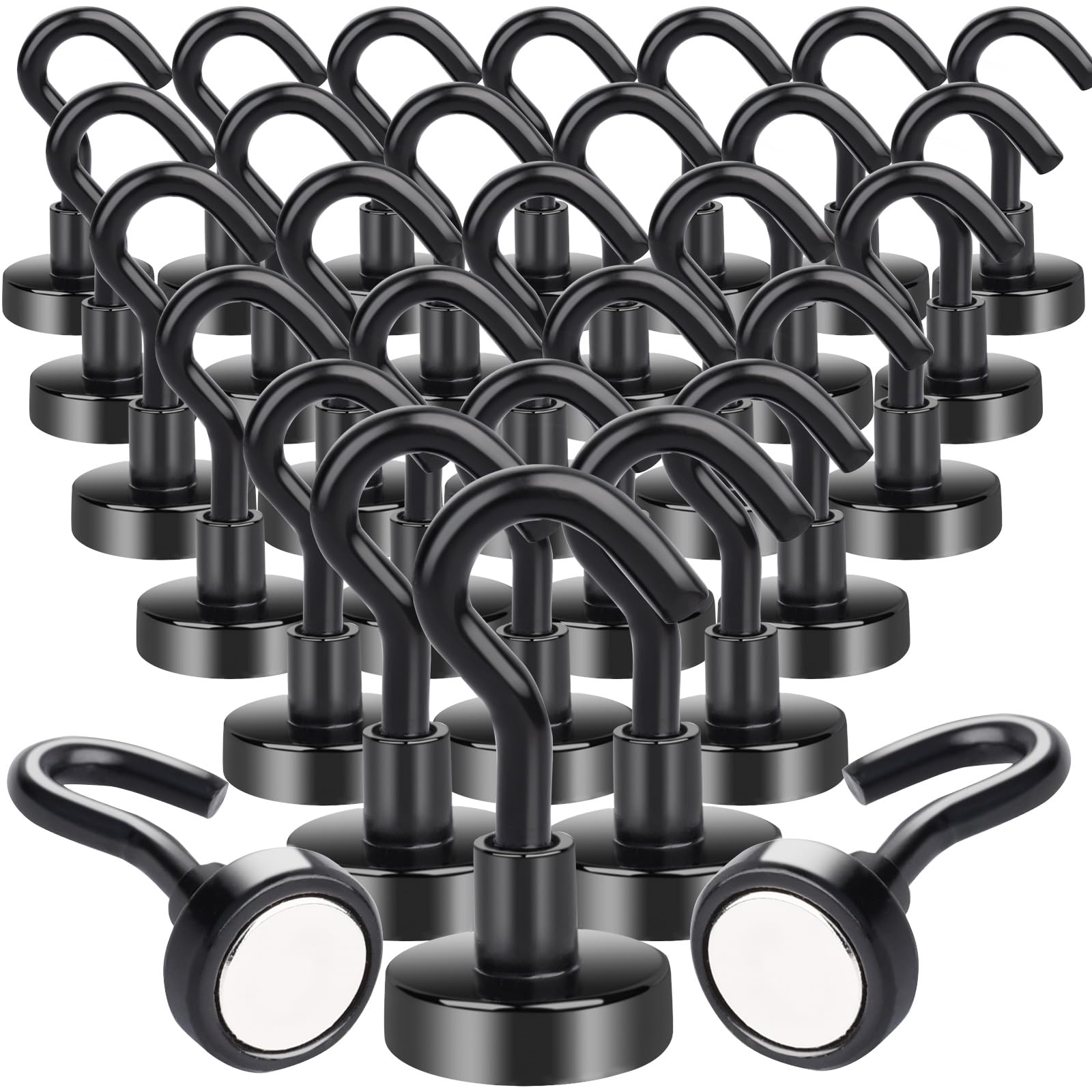 MIN CI 30Pcs Strong Magnetic Hooks, 22lb Neodymium Magnets, Heavy Duty, Black, Round, Freestanding, Kitchen, Garage, Workshop, Cruise Ship, Camping, Refrigerator, Tool Organization