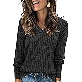 Auremore Womens Sweaters V Neck Long Sleeve Shirts Loose Casual Fall Fashion Sweatshirts