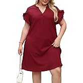 Celkuser Plus Size Summer Casual Dresses for Women V Neck Ruffle Cap Short Sleeve Flowy Midi Dress with Pocket