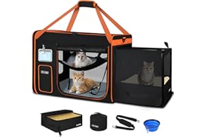 Petskd Side Expandable Extra Large Cat Carrier with Litter Box Area for Long Distance Car Travel,24"x17"x17" Collapsible Soft-Sided Large Pet Carrier with Zipper Locks for 2 Cats Under 55LBS(Black)