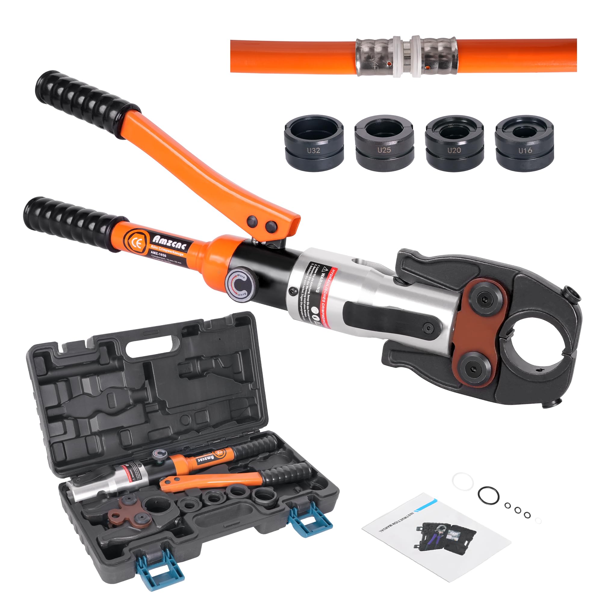 AMZCNC U-contour Crimping Pliers, Hydraulic Pressing Tool with 16-20-25-32mm Set, for Composite Pipe with Fittings, One-year Warranty