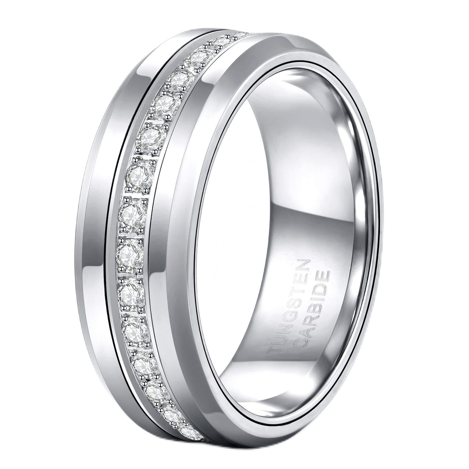 TRUMIUM Anillo de boda para hombre de 0.315 in, anillos de tungsteno para hombres y mujeres con circonita cúbica blanca, anillo de eternidad con incrustaciones de circonita cúbica, chapado en plata, anillos para hombre con bordes biselados, ajuste cómodo,