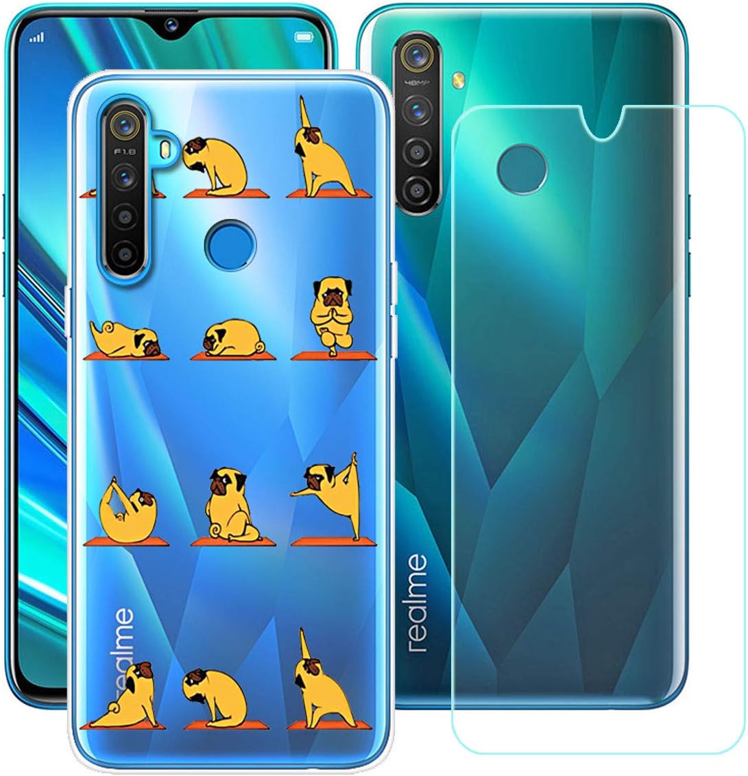 Case for Oppo Realme 5 Pro Cover + Screen Protector Tempered Glass Protective Film - YZKJ Flexible Soft Gel Crystal Transparent TPU Silicone Protection Case for Oppo Realme 5 Pro 6.3" - HY19